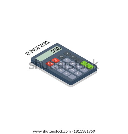 Calculator and Digital number right view Shadow icon vector isometric. Flat style vector illustration.