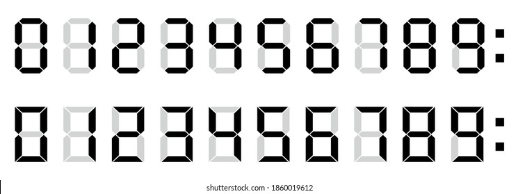 Calculator Digital Numbers. Digital Clock Number. Set Black And White Electronic Figures. Counter, Clock, Calculator Mockup. Vector Illustration.