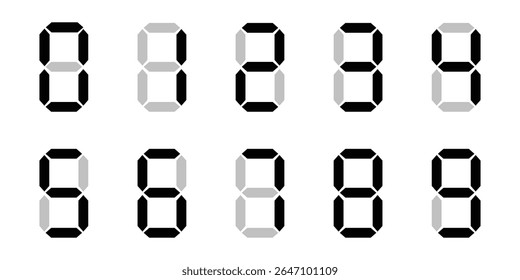 Calculator digital numbers. Digital clock number. Set black and white electronic figures. Counter, clock, calculator mockup.