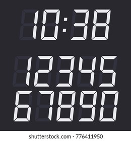 Calculator digital numbers set. Electronic figures isolated on black background. White Numbers template. Vector illustration EPS 10.