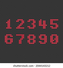 Calculator digital numbers set. Modern electronic figures isolated on black background. Bright Numbers template. Electronic figures. LED display timer. Light red dial isolated on a black background. 