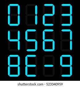 Calculator digital numbers, with shadow, blue isolated on black background, vector illustration.