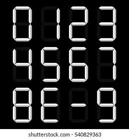 Calculator digital numbers, with shadow, white isolated on black background, vector illustration.