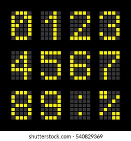 Calculator digital numbers, terminal table led font, with grid, yellow isolated on black background, vector illustration.