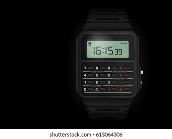 Calculator digital watch on a black background.