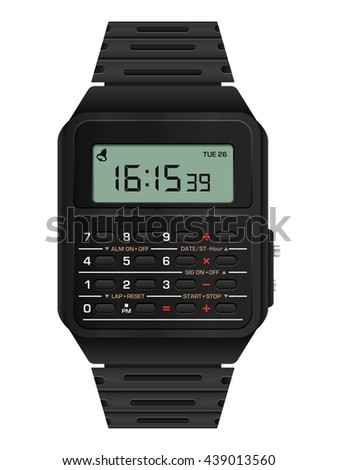 Calculator digital watch on a white background.