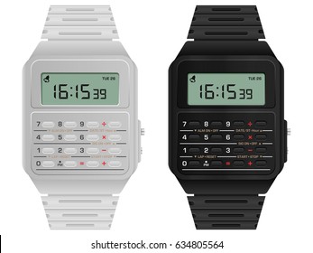Reloj digital calculador sobre fondo blanco.