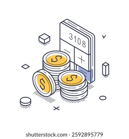 Calculator displaying a financial report alongside stacked coins. The illustration serves as an infographic element for financial topics and analysis. Modern isometric line art vector illustration