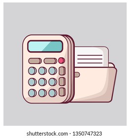 Calculator with documents cartoon flat style in vector.