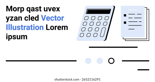 Calculator, documents, lines, and dots. Ideal for financial tasks, office work, accounting, bookkeeping, calculations data entry and reports Landing page