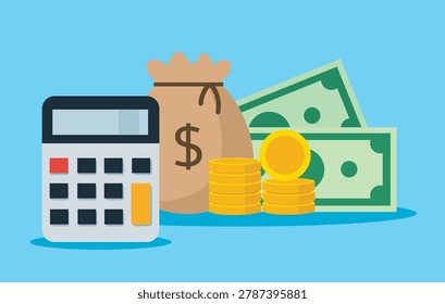 Calculator with dollar banknotes and stack of gold coins