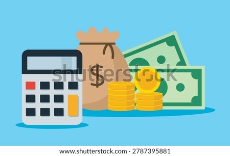 Calculator with dollar banknotes and stack of gold coins