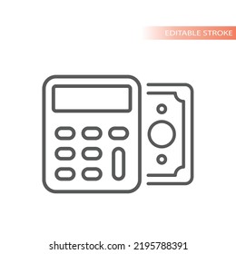 Calculator and dollar bill line vector icon. Finance, accounting outlined symbol.