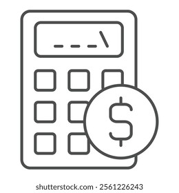 Calculator with dollar coin thin line icon, finance and accounting concept. Vector graphics. Counting money sign on white background, outline style icon for mobile or web design