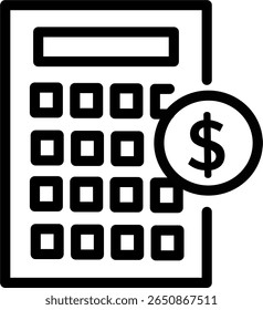 Calculator and dollar coin vector icon. Money accounting icon. Vector graphics and not Artificial Intelligence. Symbol, logo illustration. Replaceable vector design.	 