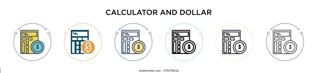 Icono de calculadora y dólar en estilo relleno, delgado, contorno y trazo. Ilustración vectorial de dos calculadoras de color y negro y diseños de iconos vectoriales en dólares se pueden usar para móviles, ui, web