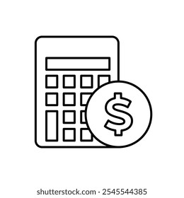 Calculadora com ícone de vetor de sinal de dólar. Conceito de cálculos de poupança de capital. Ícone preto de contorno único. Sobre fundo branco. Pode ser usado para qualquer plataforma. Promoção de ação e publicidade ui, ux.