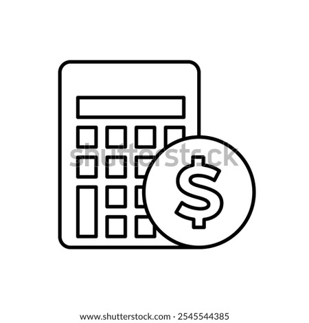 Calculator with dollar sign vector icon. Concept of capital savings calculations. Single outline black icon. On white background. Can be used for any platform. Action promotion and advertising ui, ux.