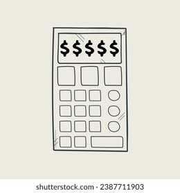 Calculator with dollar signs. Black stroke doodle simple icon isolated on light background. Vector illustration.