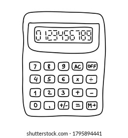 Rechner im Doodle-Stil. Ein Gerät für mathematische und rechnerische Berechnungen. Für Schulkinder und Buchhalter. Handgezeichnet und einzeln auf weißem Hintergrund. Schwarz-Weiß-Vektorgrafik