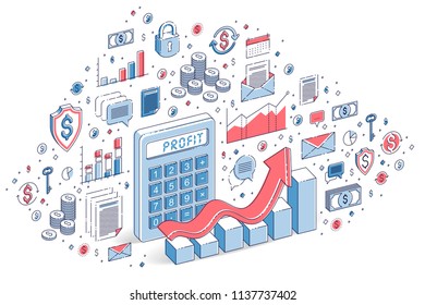 Calculator with earnings growth chart isolated on white background, profit concept. 3d vector business isometric illustration with icons, stats charts and design elements.