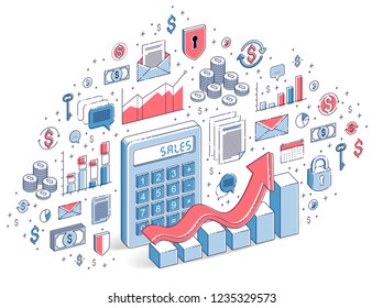 Calculator with earnings growth chart isolated on white background, sales concept. 3d vector business isometric illustration with icons, stats charts and design elements.