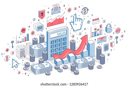 Calculator with earnings growth chart isolated on white background, sales concept. Isometric 3d vector finance illustration with icons, stats charts and design elements.