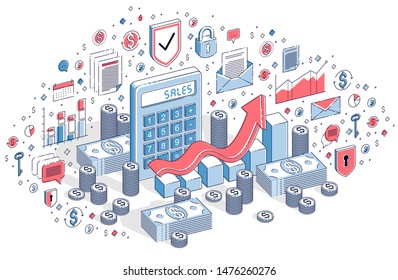 Calculator with earnings growth chart isolated on white background, sales concept. Isometric 3d vector finance illustration with icons, stats charts and design elements.