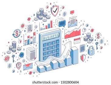 Calculator with earnings growth chart isolated on white background, financial concept. 3d vector business isometric illustration with icons, stats charts and design elements.