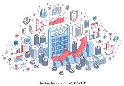 Calculator with earnings growth chart isolated on white background, financial concept. Isometric 3d vector finance illustration with icons, stats charts and design elements.