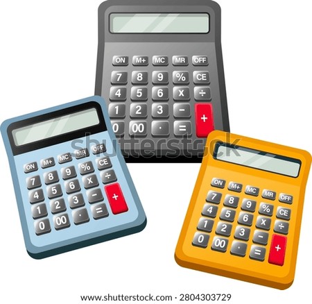 Calculator electronic device buttons display math office tool gray blue orange red keypad digital number arithmetic calculation finance business education technology plastic modern isolated object
