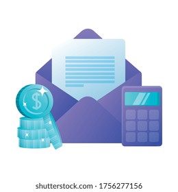 Diseño de sobres y monedas de cálculo, dispositivo de financiación matemática, objeto de oficina de educación electrónica y tema de contabilidad Ilustración del vector