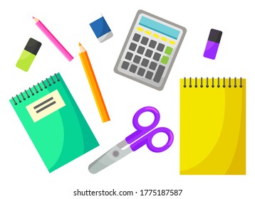 Calculator equipment, scissors and notebook, colorful pencils and eraser. Educational object, counting symbol on white, back to school, studying vector. Back to school concept. Flat cartoon
