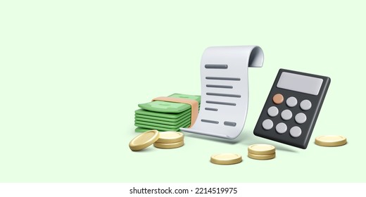 Calculator with financial bill gold coins and wad of green dollars. Financial management or savings money concept. Business banner. Vector illustration