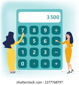 Calculator. Financial calculations, accountant. Accounting, bookkeeping, audit debit and credit calculations. Business woman in long dress standing near big calculator. Business concept in flat style.