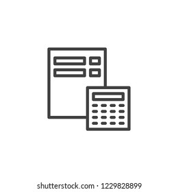 Calculator and financial document outline icon. linear style sign for mobile concept and web design. Accounting doc simple line vector icon. Symbol, logo illustration. Pixel perfect vector graphics