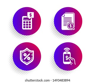 Calculator, Financial documents and Loan percent icons simple set. Halftone dots button. Phone payment sign. Money management, Check docs, Protection shield. Mobile pay. Finance set. Vector