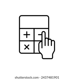 Calculadora con icono de dedo ilustración vectorial. Calculadora y mano sobre fondo aislado. Economía, concepto contable.