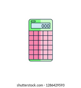 Calculator flat color line icon in minimal cartoon style on isolated background. School or office supply line element, sign, symbol, object in thin minimal linear design.