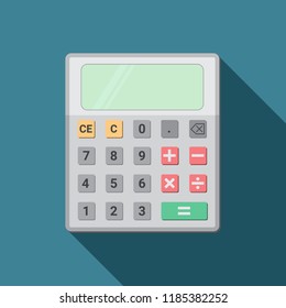 Calculator flat icon vector design with long shadow,isolated on green background.