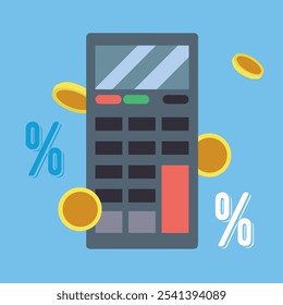 Calculator with floating coin. Budget management concept. Financial calculation of money. Tax time. Flat vector illustration.