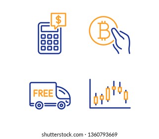 Calculator, Free delivery and Bitcoin pay icons simple set. Candlestick graph sign. Money management, Shopping truck, Cryptocurrency coin. Finance chart. Finance set. Linear calculator icon. Vector