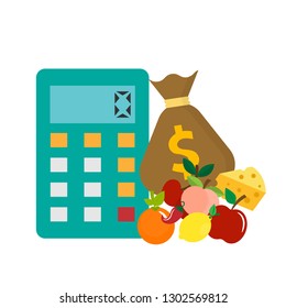 Calculator with fresh food and money bag icon