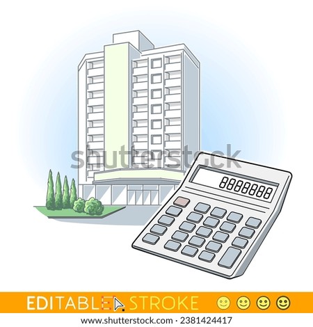 Calculator in front of residential buildings as background. Sketch line flat design of residence architecture. Modern vector stroke concept. Fully editable outlines, saved brushes and layers.