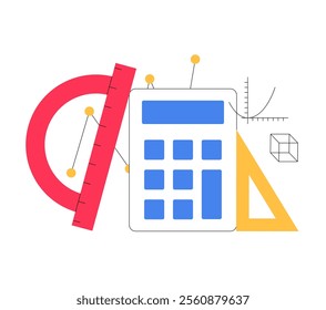 Calculator And Geometric Tools In Flat Vector Illustration Symbolizing Mathematics, Education, And Learning, Isolated On White Background