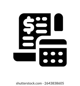 ícone de glifo da calculadora. Ícone vetorial forte e sólido para sites, interfaces móveis, apresentações e marca visual. Alta qualidade e fácil de editar.