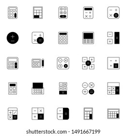 calculator glyph icons set. simple collection of calculation solid line icons. editable stroke. 