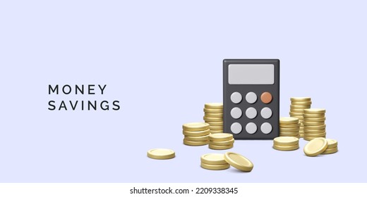 Calculator with gold coins stack. Calculation of financial savings concept. Money managemant and accounting. Vector illustration