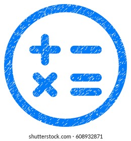 Calculator grainy textured icon inside circle for overlay watermark stamps. Flat symbol with scratched texture. Circled vector blue rubber seal stamp with grunge design.