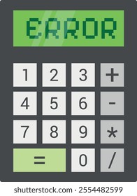 Calculator with a green display screen showing ERROR and a keypad with numbers and mathematical operation symbols.